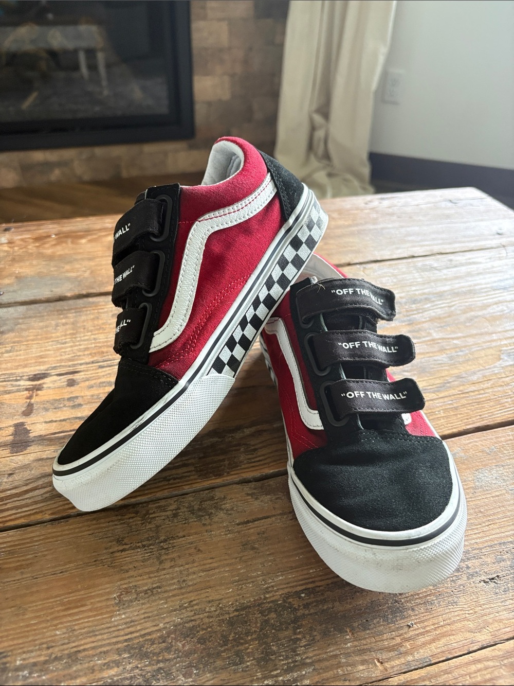 Vans Old Skool V “Logo Pop” Low Top  Velcro Sneaker - Black & Red w/Checkerboard